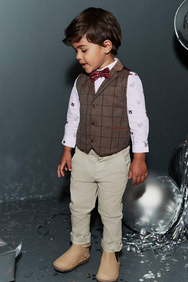 Tan Brown Check Waistcoat, Shirt & Bow Tie Set (3mths-7yrs)