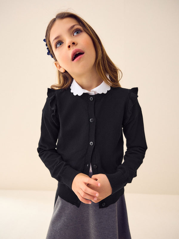 Black Cotton Rich Frill Shoulder School Cardigan (3-16yrs)
