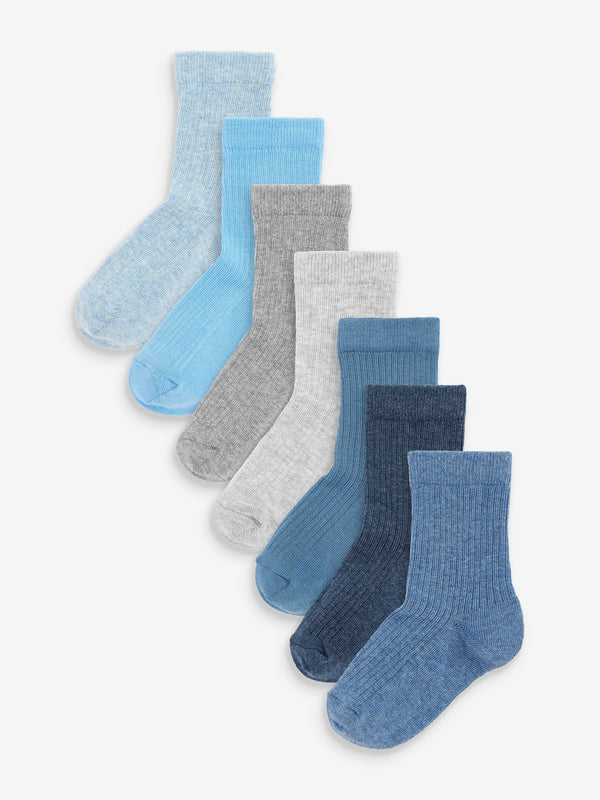 Blue/Navy Cotton Rich Fine Rib Socks 7 Pack