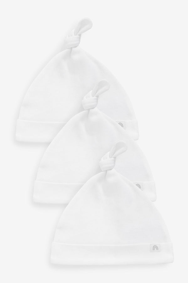 White 100% Cotton Tie Top Baby Hats 3 Pack (0-12mths)