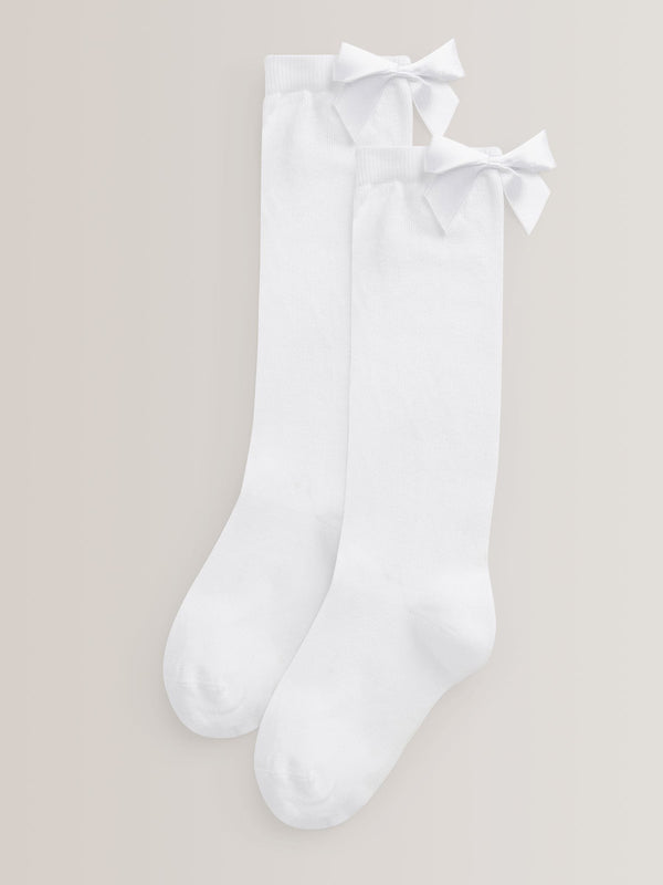 White 2 Pack Cotton Rich Bow Knee High Socks