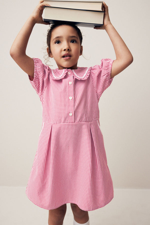 Red Cotton Rich School Gingham Pretty Collar Dress (3-14yrs)