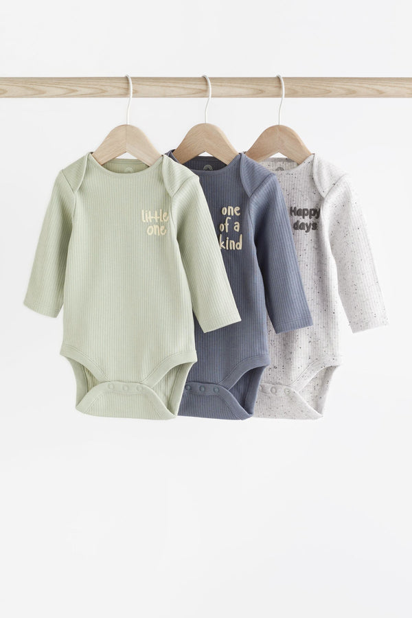 Grey/Blue Long Sleeve Baby Bodysuits 3 Pack(immediate)