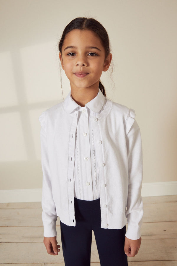 White Cotton Rich Frill Shoulder School Cardigan (3-16yrs)