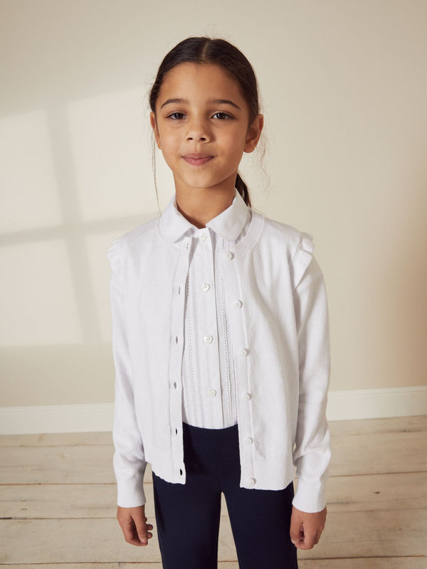White Cotton Rich Frill Shoulder School Cardigan (3-16yrs)