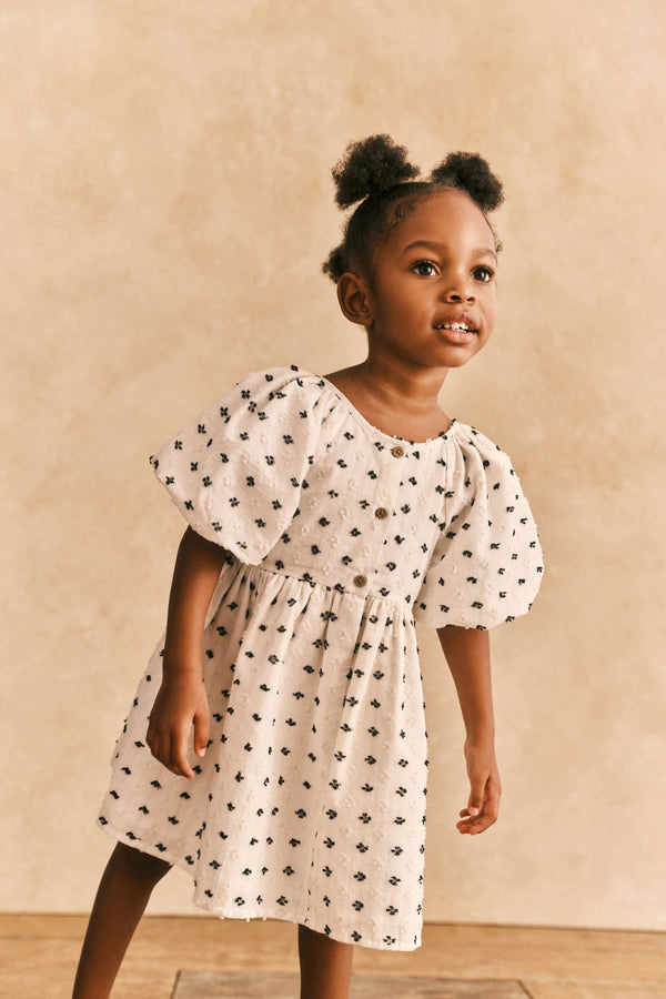 Black/Cream Textured Puff Sleeve Dress (3mths-8yrs)