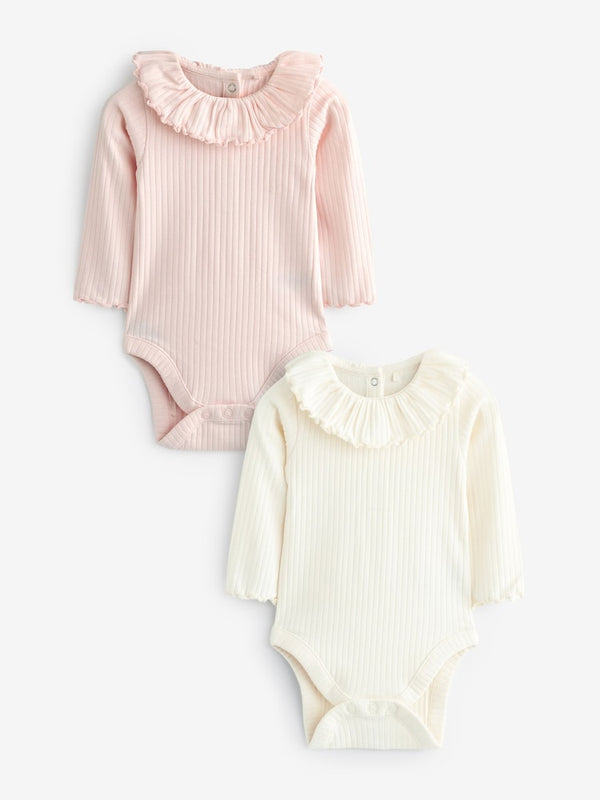 Pink/White Long Sleeved Frill Collar Bodysuits 2 Pack(immediate)