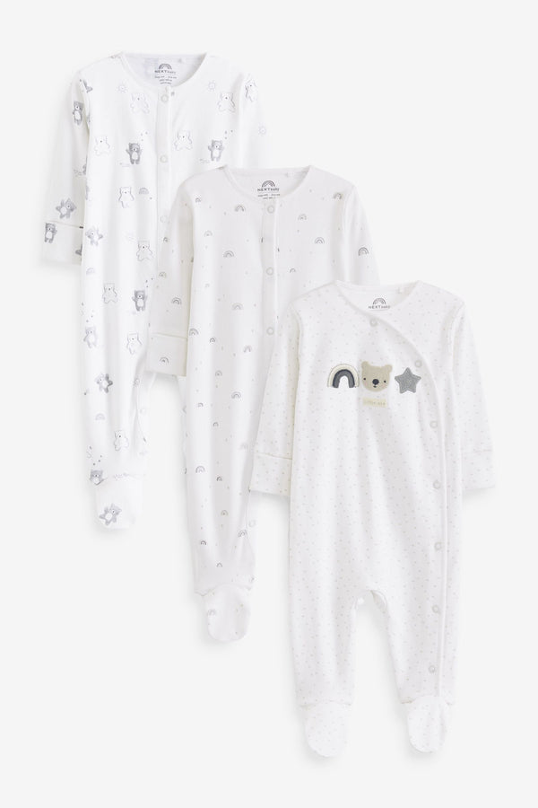 Monochrome Bear Delicate Appliqué Baby Sleepsuits 3 Pack (0-2yrs)