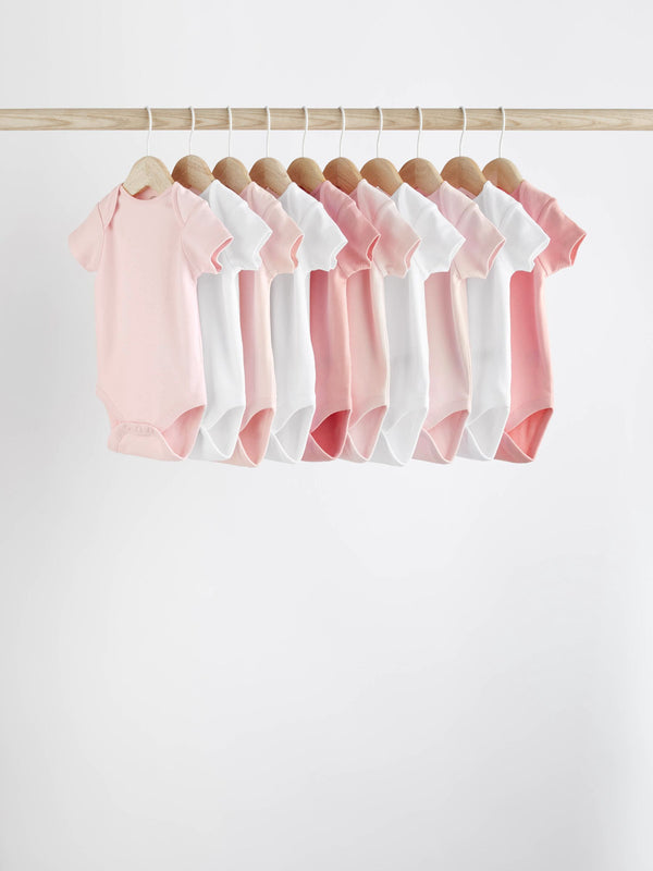 Pink/White 10 Pack Short Sleeve Baby Bodysuits