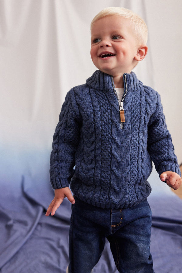 Blue Zip Neck Chunky Cable Jumper (3mths-7yrs)