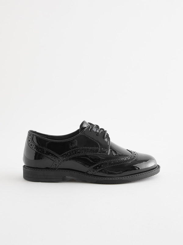Black Patent School Lace-Up Brogue Detail Shoes
