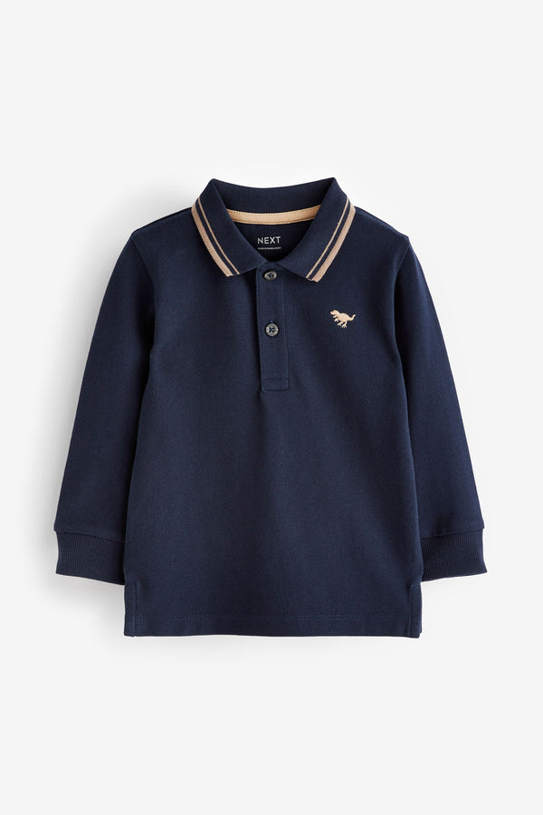 Navy Blue Tipped 100% Cotton Long Sleeve Polo Shirt (3mths-7yrs)