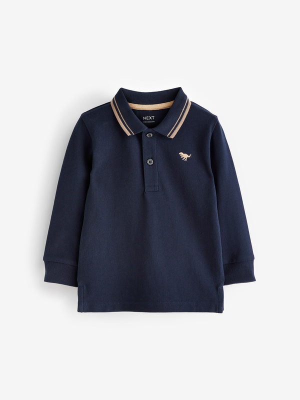 Navy Blue Tipped 100% Cotton Long Sleeve Polo Shirt (3mths-7yrs)