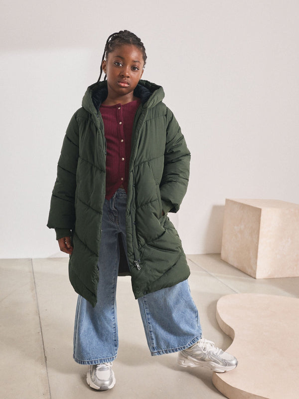 Khaki Green Regular Length Shower Resistant Faux Fur Lined Hooded Padded Coat (3-16yrs)