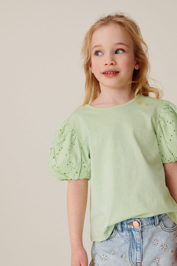 Green Broderie Puff Sleeve T-shirt