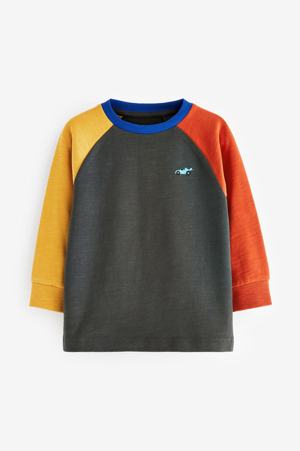 Charcoal Grey/Yellow/Red Cosy Colourblock 100% Cotton Long Sleeve T-Shirt (3mths-7yrs)