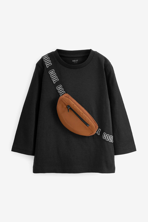 Black/Tan Brown 100% Cotton Long Sleeve Bumbag T-Shirt (3mths-7yrs)