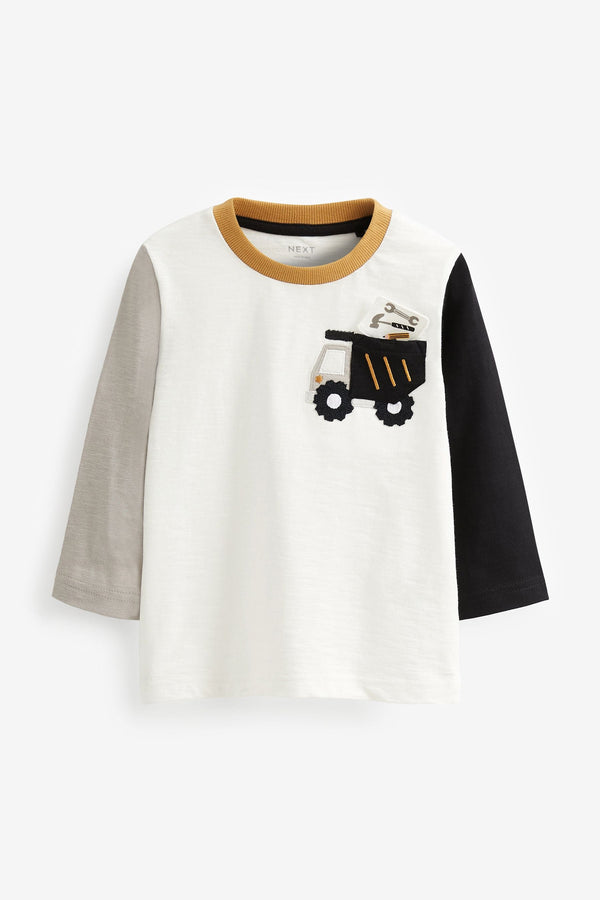 Black/White Truck 100% Cotton Long Sleeve Pocket T-Shirt (3mths-7yrs)