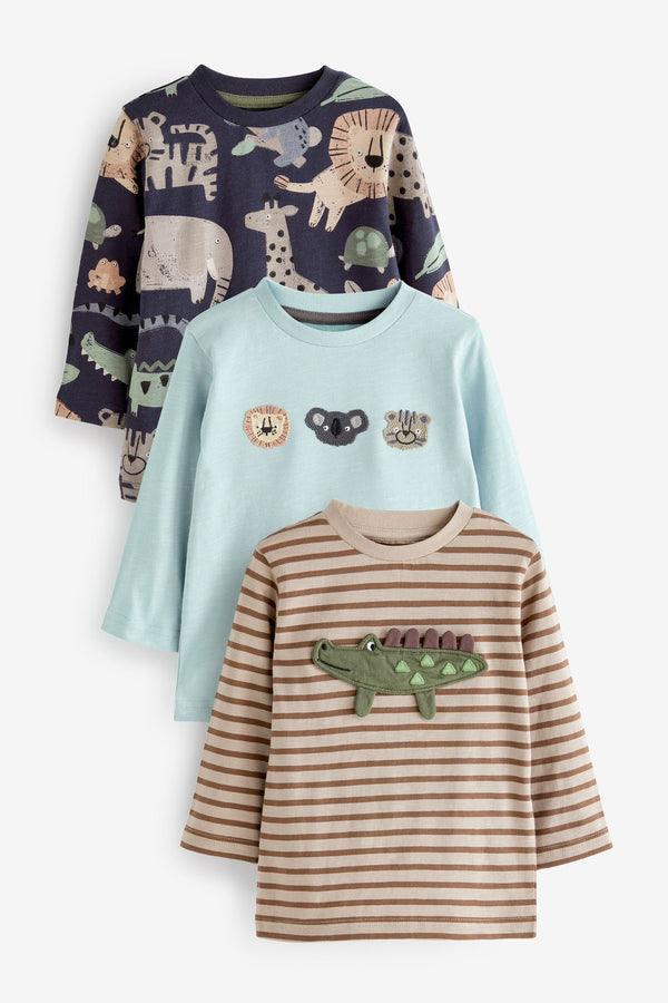 Charcoal Grey Safari Animals Long Sleeve Character 100% Cotton T-Shirts 3 Pack (3mths-7yrs)