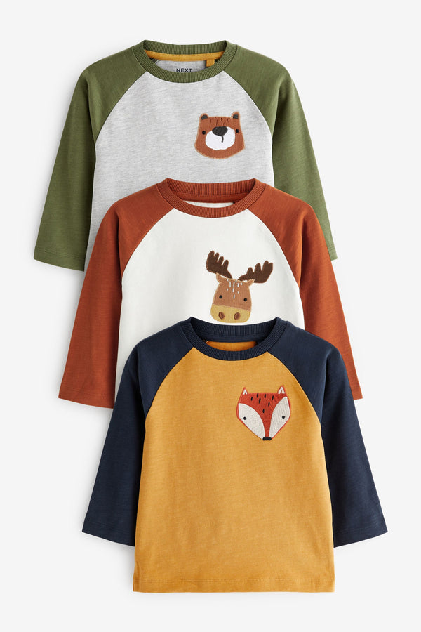 Multi Colour Animal Long Sleeve Character 100% Cotton T-Shirts 3 Pack (3mths-7yrs)