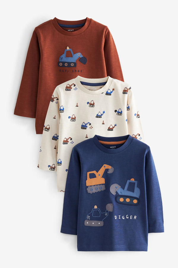 Navy Blue/Tan Brown Digger Long Sleeve Character 100% Cotton T-Shirts 3 Pack (3mths-7yrs)