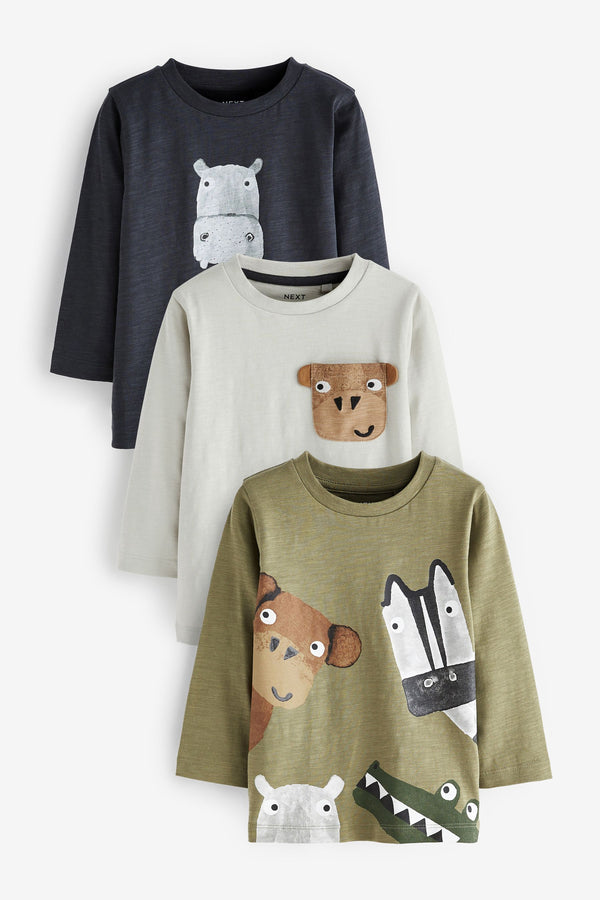 Neutral/Green Animal Long Sleeve Character T-Shirts 3 Pack (3mths-7yrs)