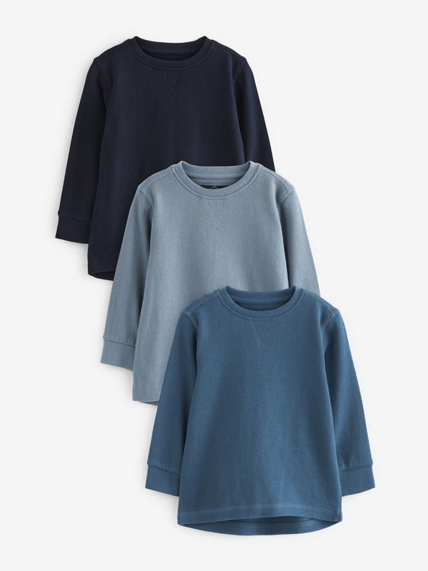 Blue Long Sleeve Textured 100% Cotton T-Shirts 3 Pack (3mths-7yrs)