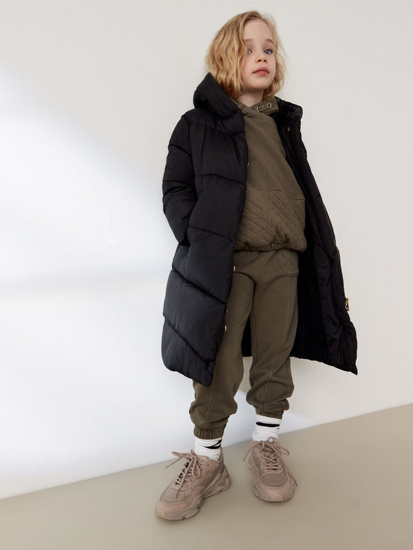 Black Longer Length Shower Resistant Faux Fur Lined Hooded Padded Coat (3-16yrs)