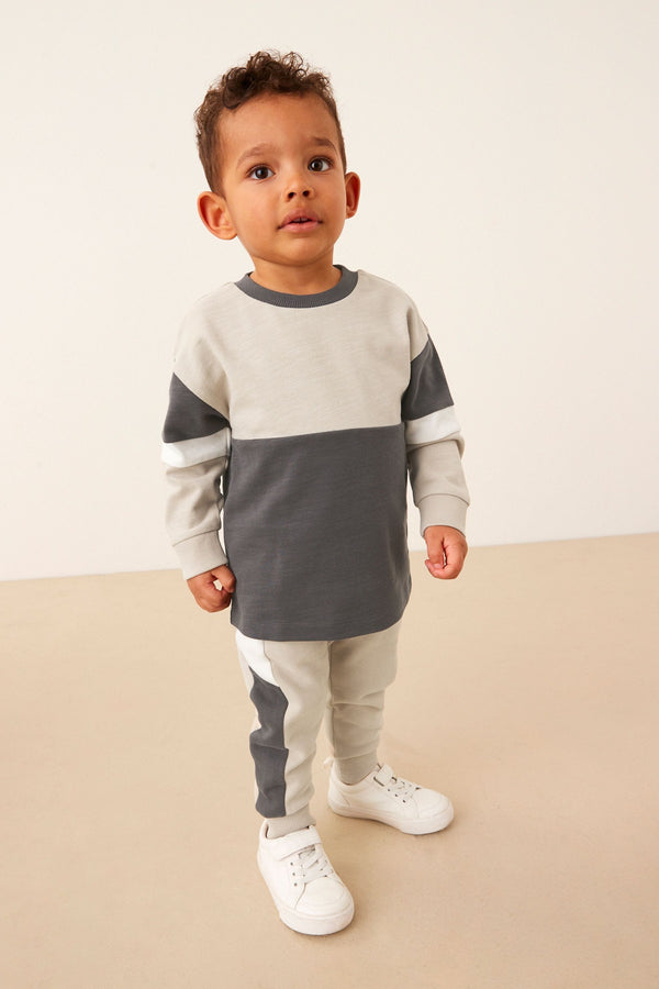 Charcoal Grey Monochrome 100% Cotton Long Sleeve Cosy Colourblock T-Shirt and Joggers Set (3mths-7yrs)