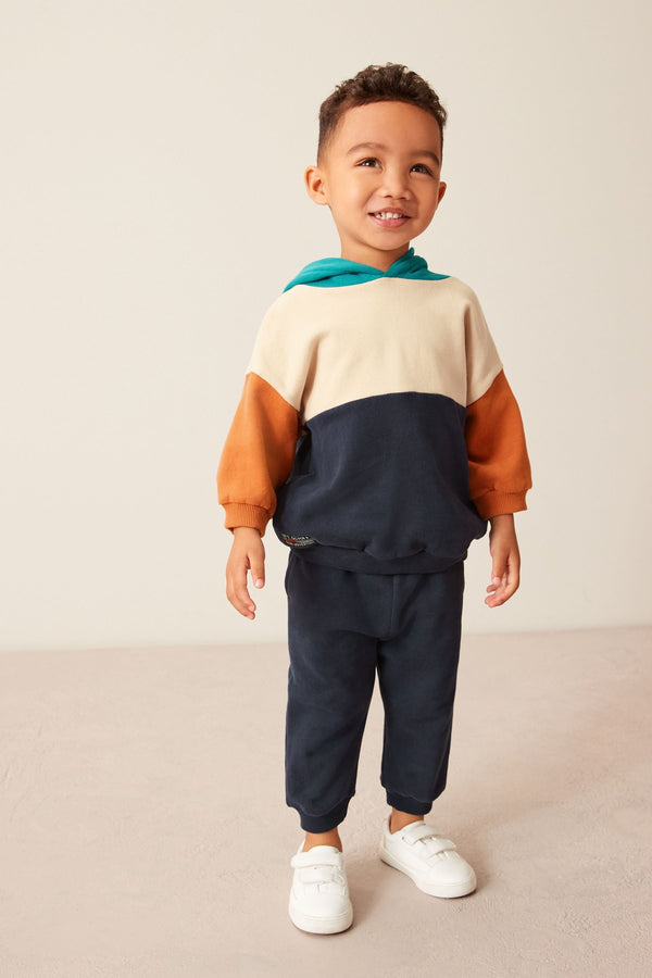 Navy Blue/Tan Brown Colourblock Hoodie and Jogger Set (3mths-7yrs)