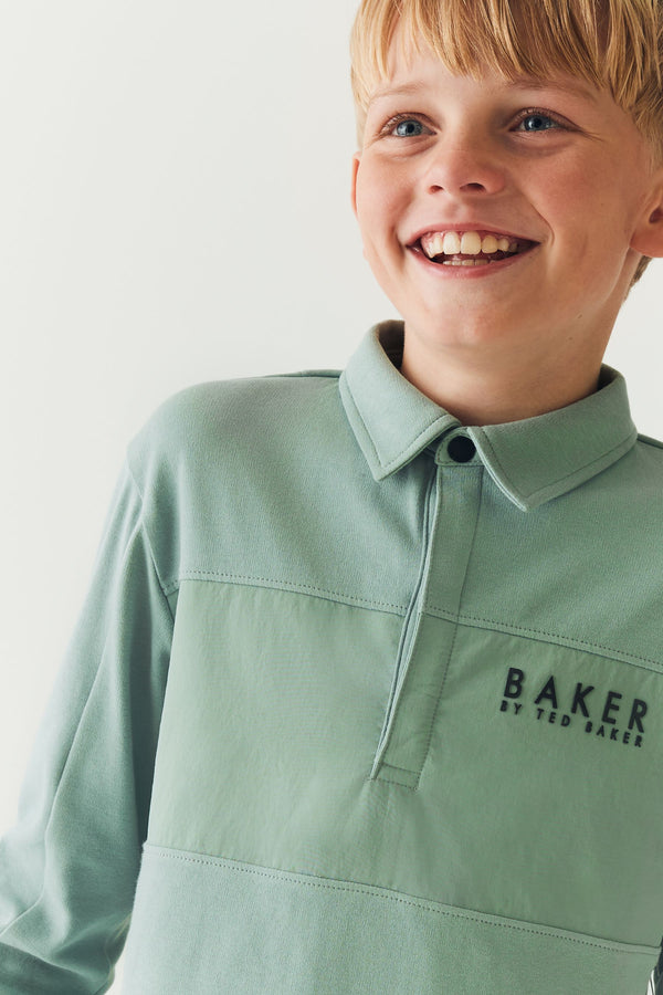 Green Baker by Ted Baker 100% Cotton Long Sleeve Panel Polo Shirt