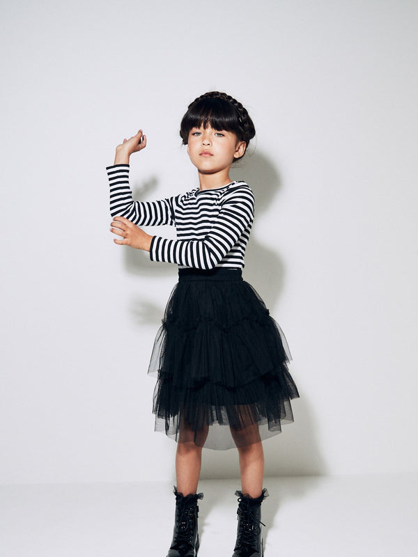 Black/White Stripe Long Sleeve Ribbed Top (3-16yrs)