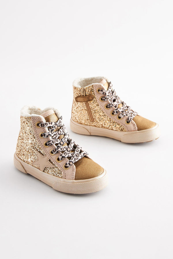 Gold Glitter Glitter Fleece Lined Lace-Up High Top Trainers