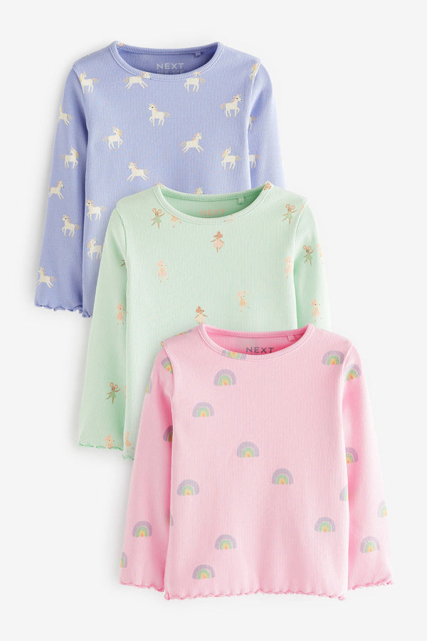 Pink/Lilac Purple Character Long Sleeve Cotton T-Shirts 3 Pack (3mths-7yrs)