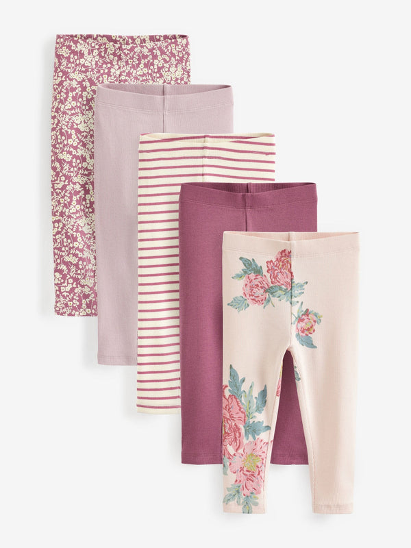 Pink Floral Rib Jersey Leggings 5 Pack (3mths-7yrs)