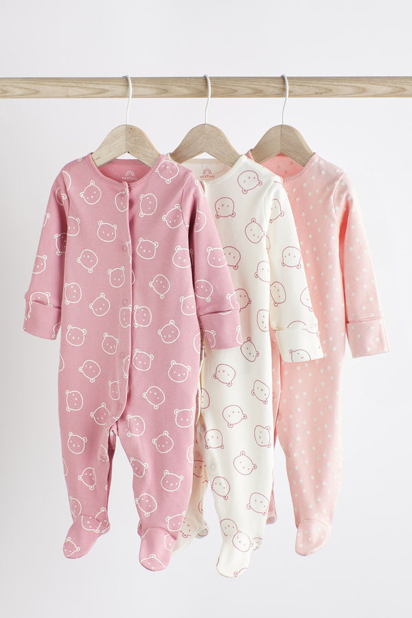 Pink Cotton Baby Sleepsuits 3 Pack (0-2yrs)