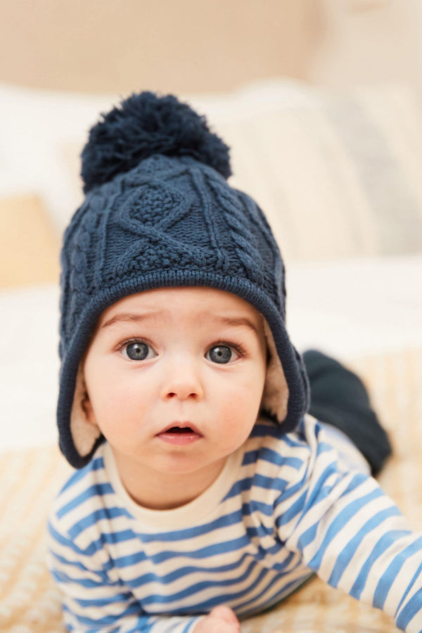 Navy Blue Knitted Baby Trapper Pom Hat immediate