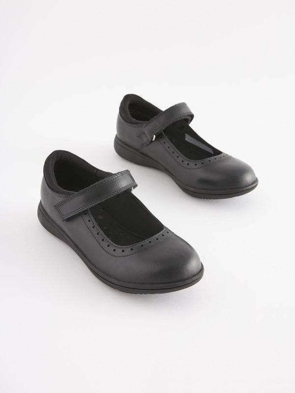 Navy Blue Standard Fit (F) School Leather Brogue Detail Mary Jane Shoes