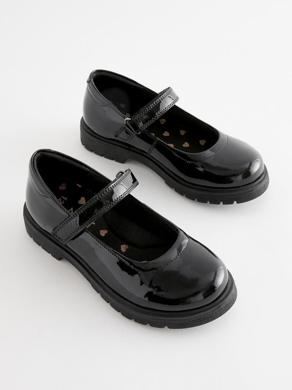 Black Patent Wide Fit (G) School Leather Chunky Mary Jane Shoes