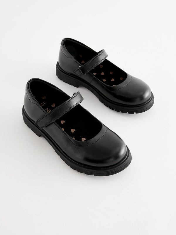 Matt Black Standard Fit (F) School Leather Chunky Mary Jane Shoes