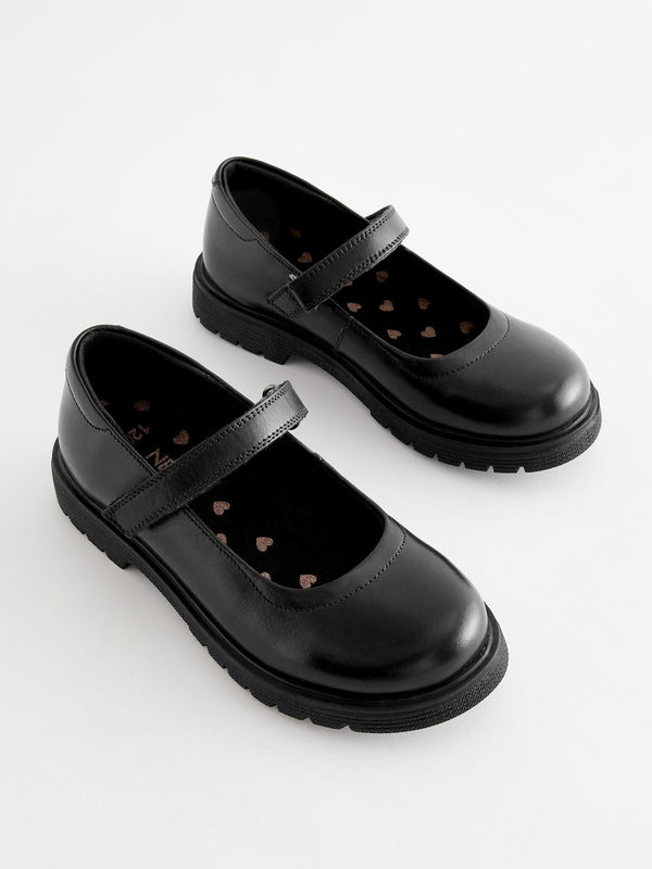 Matt Black Wide Fit (G) School Leather Chunky Mary Jane Shoes