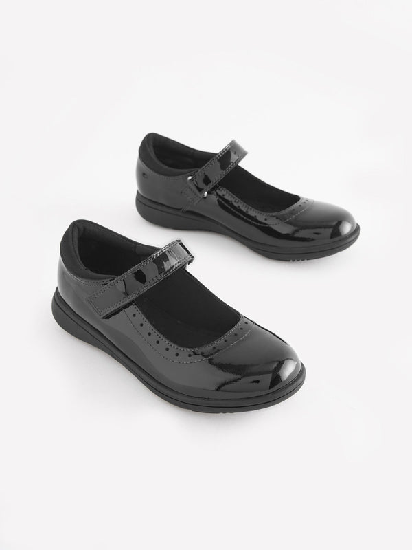 Black Patent Standard Fit (F) School Leather Brogue Detail Mary Jane Shoes
