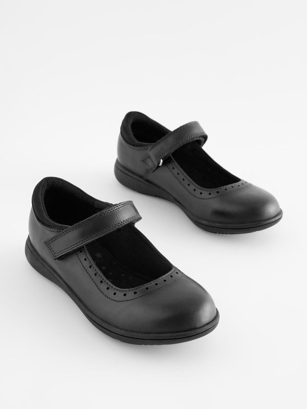 Matt Black Wide Fit (G) School Leather Brogue Detail Mary Jane Shoes