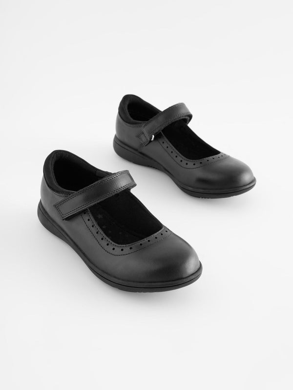 Matt Black Standard Fit (F) School Leather Brogue Detail Mary Jane Shoes