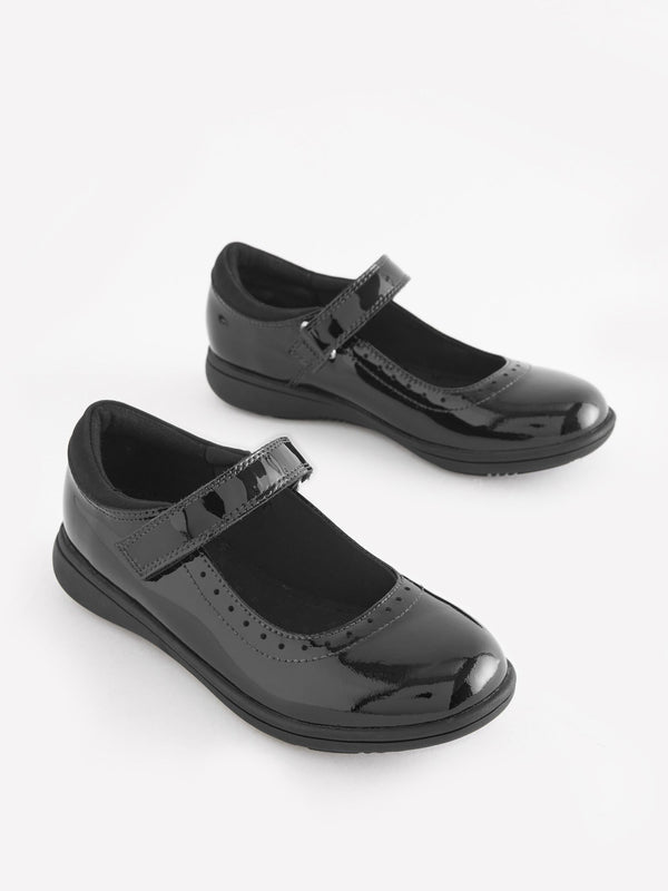 Black Patent Narrow Fit (E) School Leather Brogue Detail Mary Jane Shoes