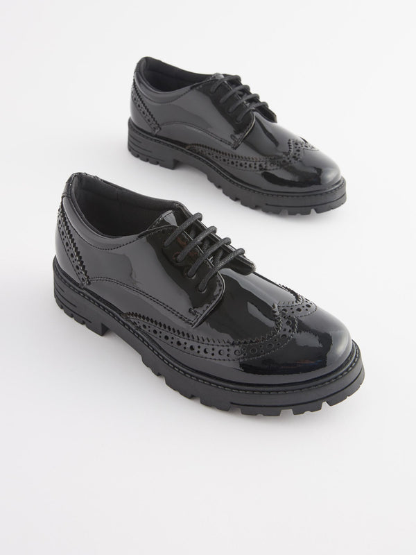 Black Patent Standard Fit (F) School Leather Chunky Lace-Up Brogues