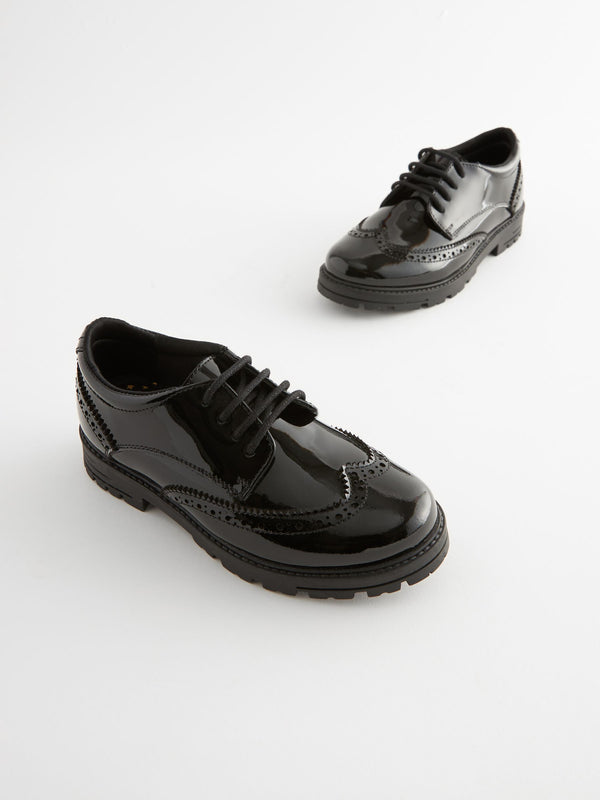 Black Patent Wide Fit (G) School Leather Chunky Lace-Up Brogues