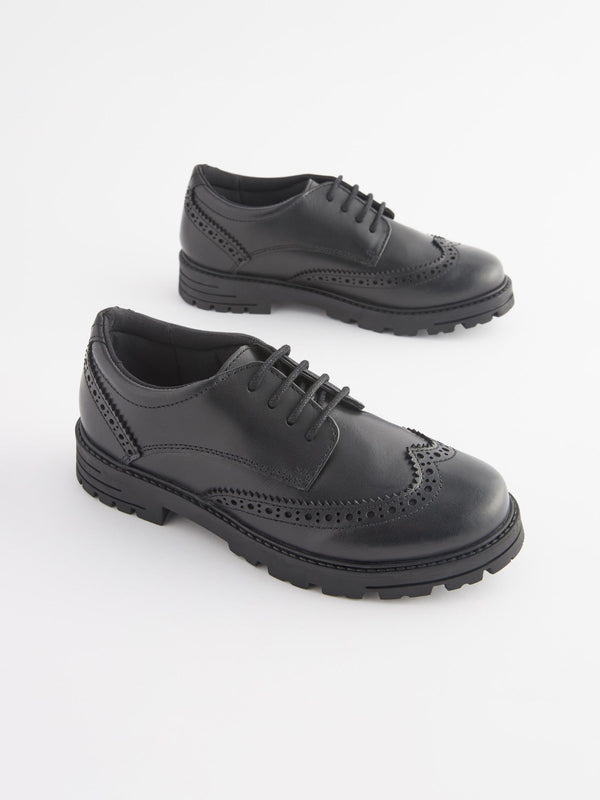 Black Matt Wide Fit (G) School Leather Chunky Lace-Up Brogues
