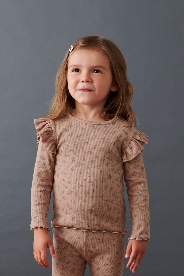 Neutral Flower Long Sleeve Frill Rib Jersey Top (3mths-7yrs)