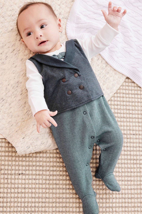 Navy Blue Smart Baby 100% Cotton Waistcoat Sleepsuit (0mths-2yrs)